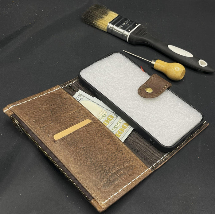 Hand-Stitched Leather iPhone Wallet Case: Card Slots & Zipper