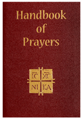 Red book titled 'Handbook of Prayers' with gold text and symbols on a white background