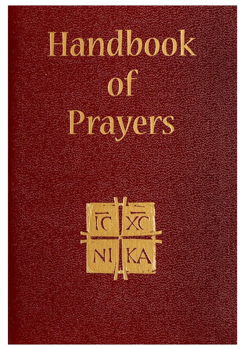 Red book titled 'Handbook of Prayers' with gold text and symbols on a white background