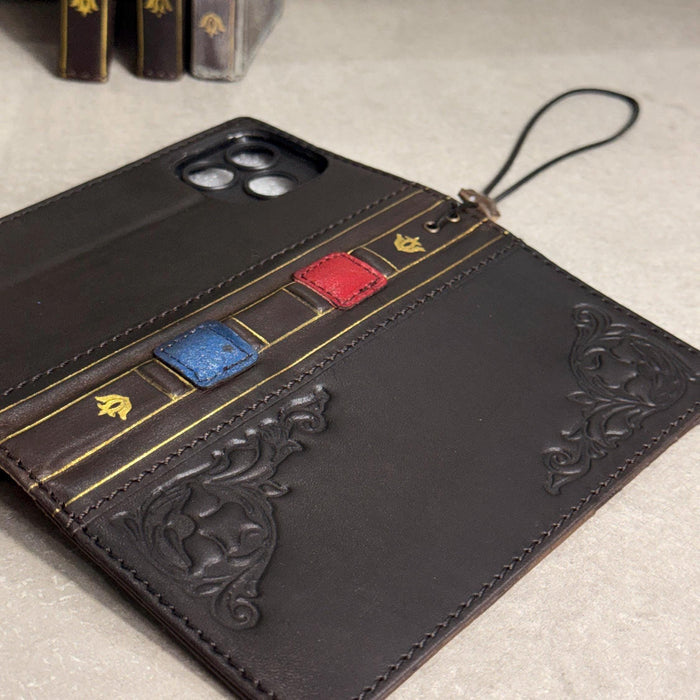 Handmade Black Leather Book iPhone Case: Vintage Art Design Wallet Cover Ip 7-18 max