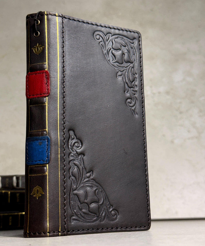 Handmade Black Leather Book iPhone Case: Vintage Art Design Wallet Cover Ip 7-18 max