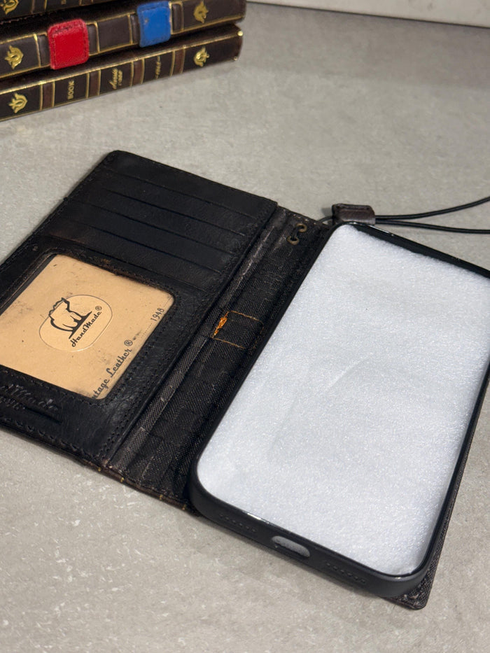 Handmade Black Leather Book iPhone Case: Vintage Art Design Wallet Cover Ip 7-18 max