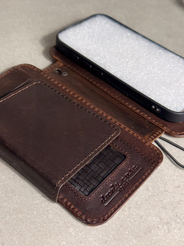 Handmade Black Leather Book iPhone Case: Vintage Art Design Wallet Cover Ip 7-18 max