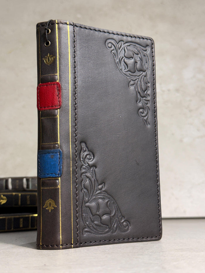 Handmade Black Leather Book iPhone Case: Vintage Art Design Wallet Cover Ip 7-18 max
