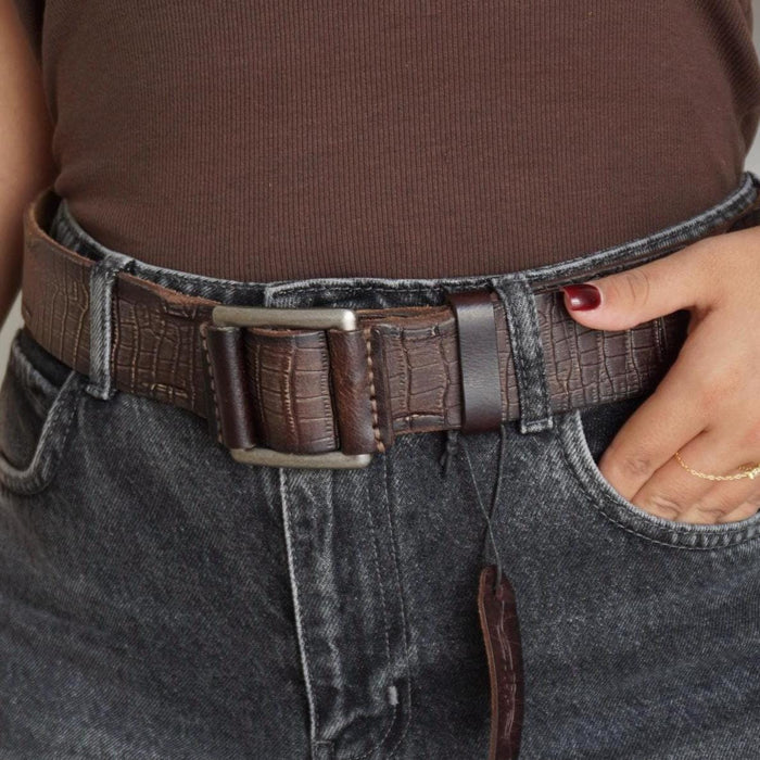 Handmade Brown Leather Belt, Crocodile Look, Limited Edition