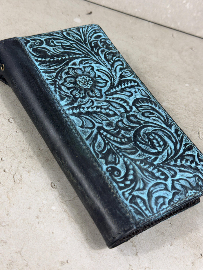 Handmade Embossed Leather Wallet Case, Floral Design Card Slots (Galaxy S21-S26 Ultra)