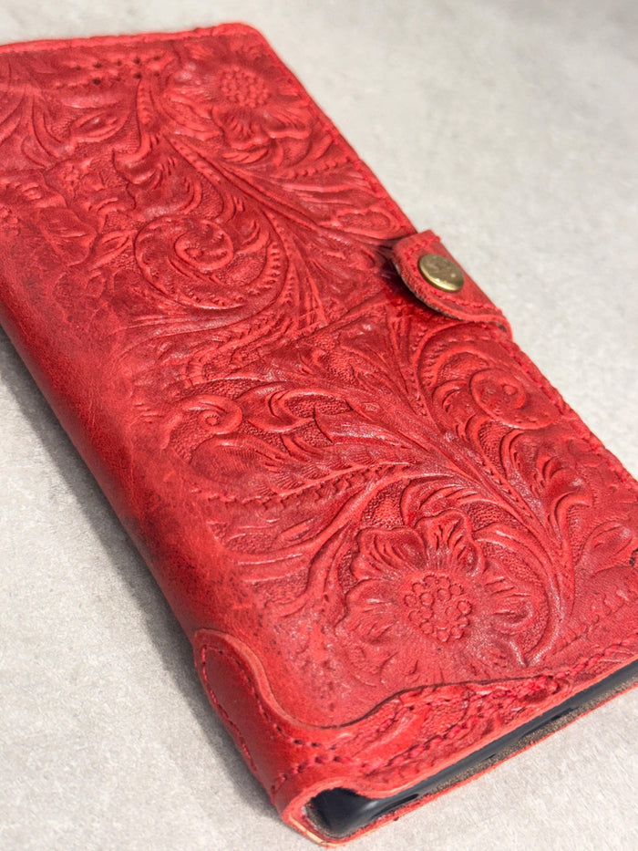 Handmade Embossed Leather Wallet Case, Galaxy S21-S26 Ultra, Card Slots (Book Design)
