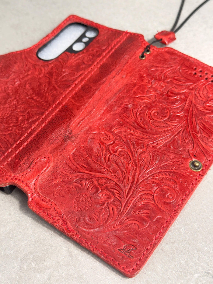 Handmade Embossed Leather Wallet Case, Galaxy S21-S26 Ultra, Card Slots (Book Design)