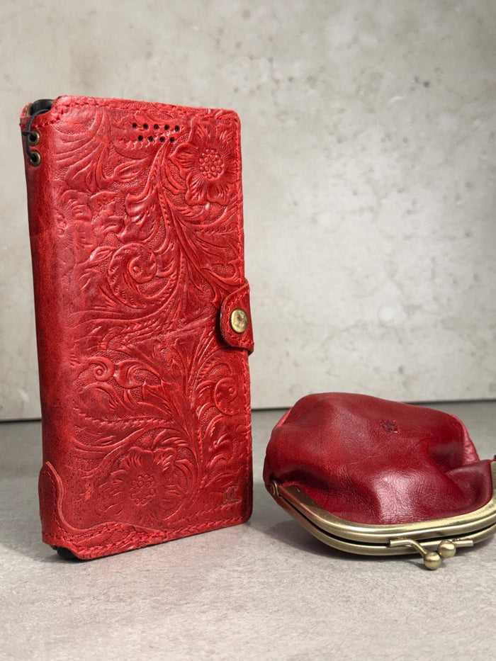 Handmade Embossed Leather Wallet Case, Galaxy S21-S26 Ultra, Card Slots (Book Design)