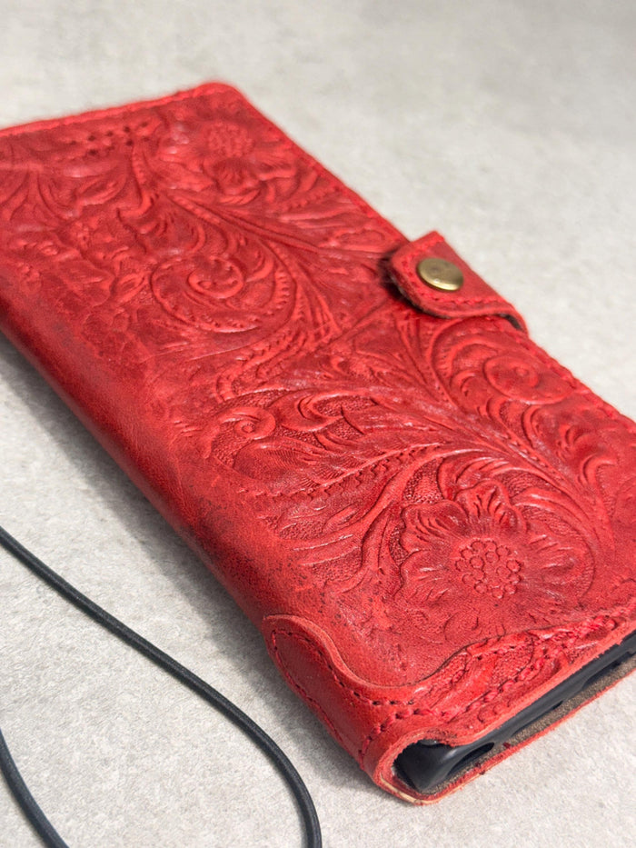 Handmade Embossed Leather Wallet Case, Galaxy S21-S26 Ultra, Card Slots (Book Design)