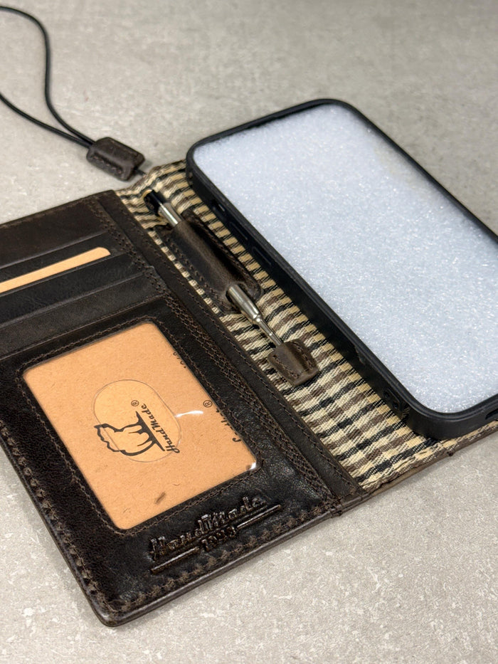 Handmade Full Grain Leather iPhone Case: Vintage Book Style, ID Window, Card Slots