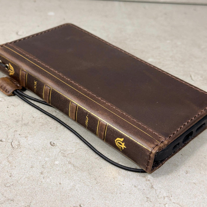 Handmade Full Grain Leather iPhone Case: Vintage Book Style, ID Window, Card Slots