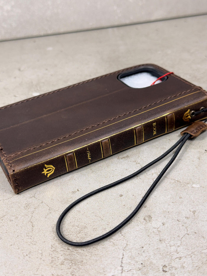 Handmade Full Grain Leather iPhone Case: Vintage Book Style, ID Window, Card Slots