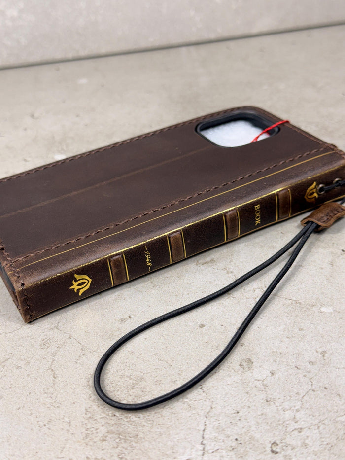 Handmade Full Grain Leather iPhone Case: Vintage Book Style, ID Window, Card Slots