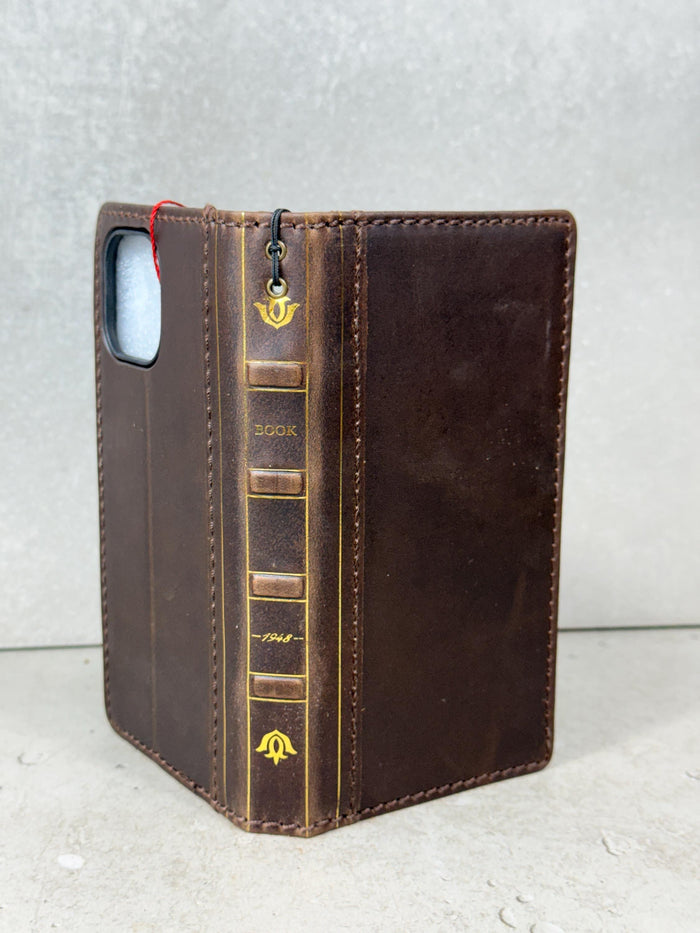 Handmade Full Grain Leather iPhone Case: Vintage Book Style, ID Window, Card Slots