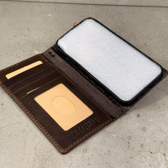 Handmade Full Grain Leather iPhone Case: Vintage Book Style, ID Window, Card Slots