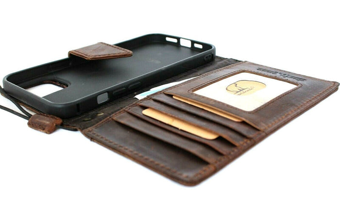 Handmade Genuine Leather iPhone Wallet Case: Vintage Magnetic Bracket