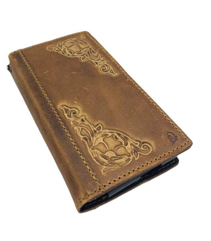 Handmade Leather Art Wallet for Galaxy: Floral Design Card Slots