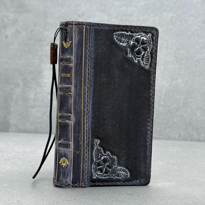 Handmade Leather Book Phone Case: Vintage Gray Blue iPhone Cover
