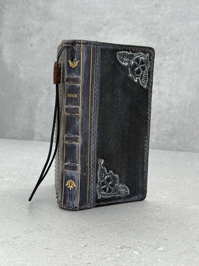 Handmade Leather Book Phone Case: Vintage Gray Blue iPhone Cover