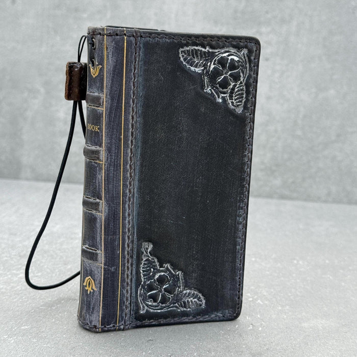 Handmade Leather Book Phone Case: Vintage Gray Blue iPhone Cover