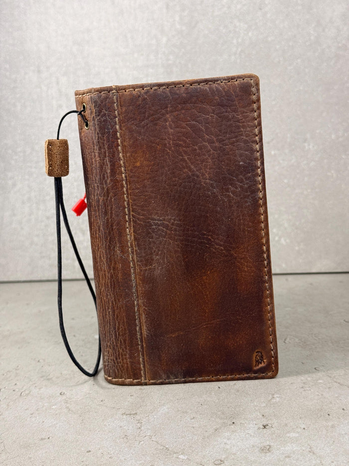 Handmade Leather Book Phone Case: Vintage Gray Blue iPhone Cover