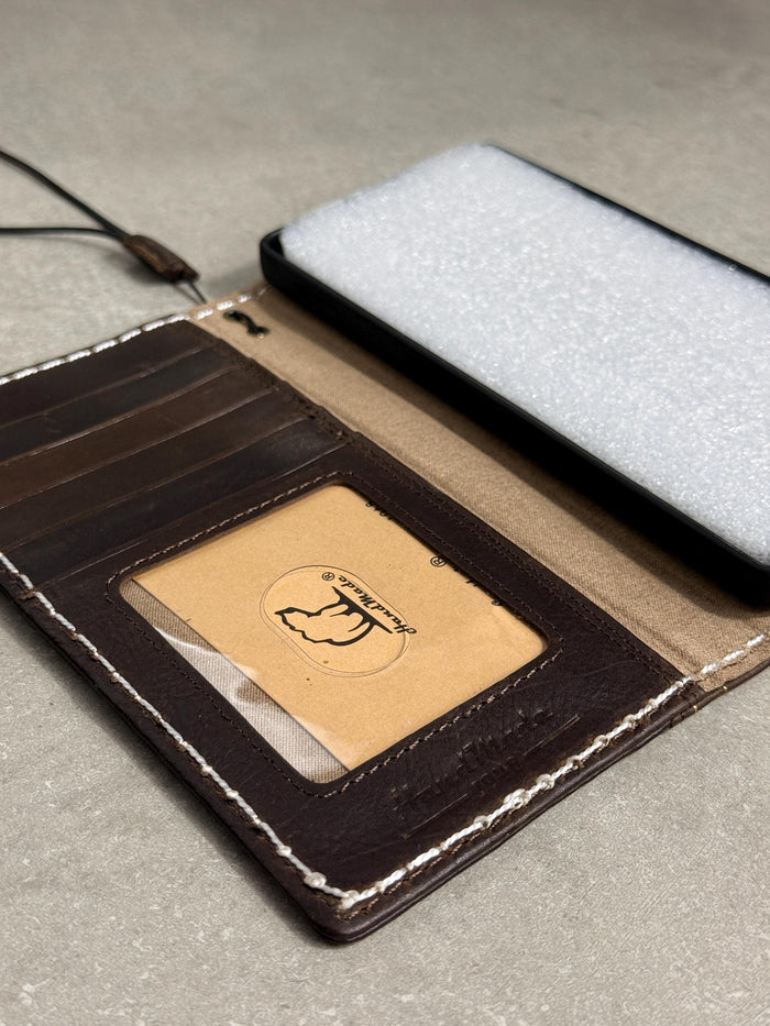 Handmade Leather Book Wallet Case for iPhone: Vintage Style Card Slots