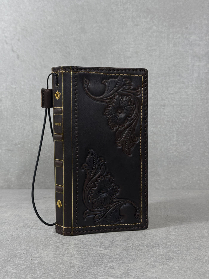 Handmade Leather Book Wallet Case for iPhone: Vintage Style Card Slots