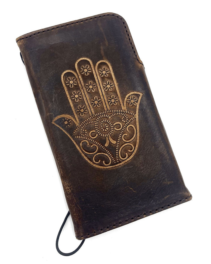 Handmade Leather Galaxy Phone Case: Hamsa Design Wallet