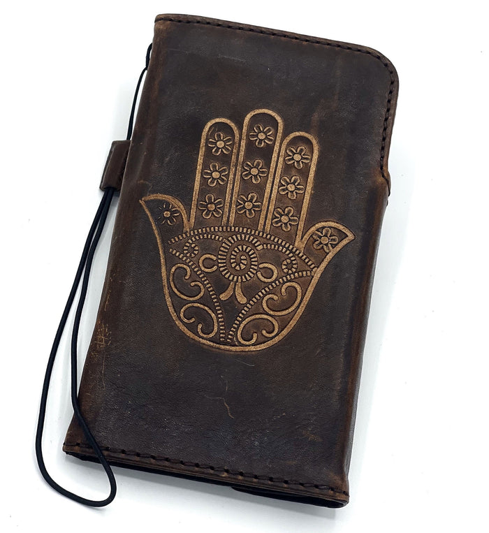 Handmade Leather Galaxy Phone Case: Hamsa Design Wallet