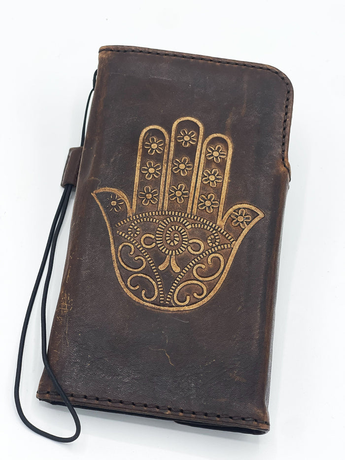 Handmade Leather Galaxy Phone Case: Hamsa Design Wallet