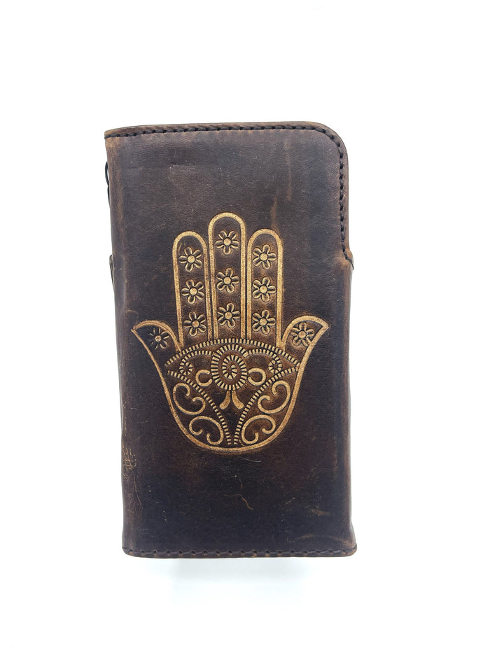 Handmade Leather Galaxy Phone Case: Hamsa Design Wallet