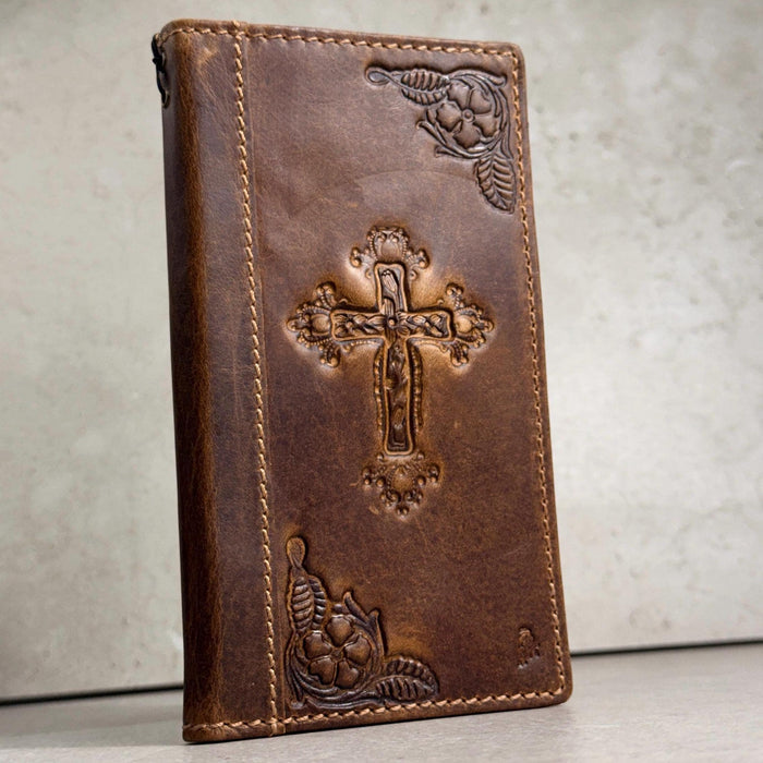 Handmade Leather Galaxy Phone Case: Jesus Cross Wallet, Wireless Charge