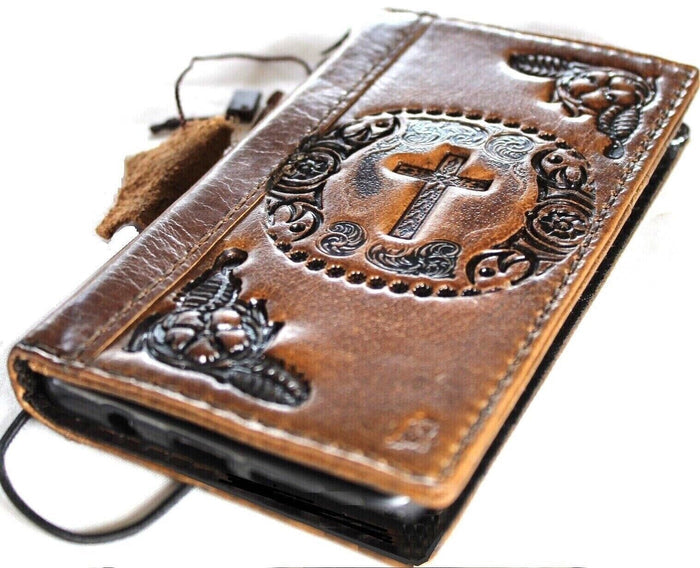 Handmade Leather Galaxy Phone Case: Jesus Cross Wallet, Wireless Charge