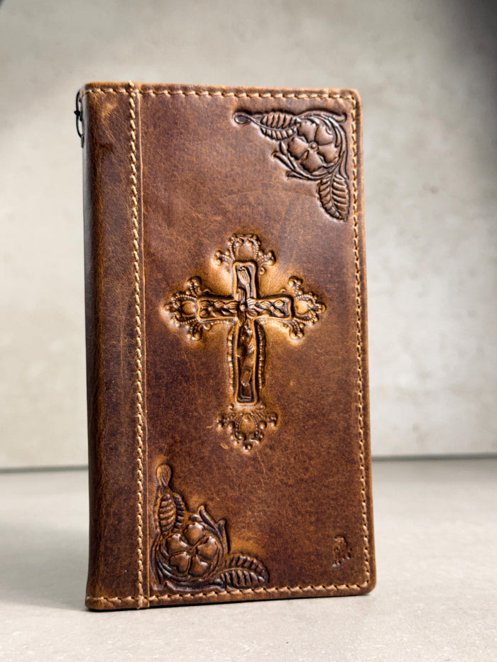 Handmade Leather Galaxy Phone Case: Jesus Cross Wallet, Wireless Charge