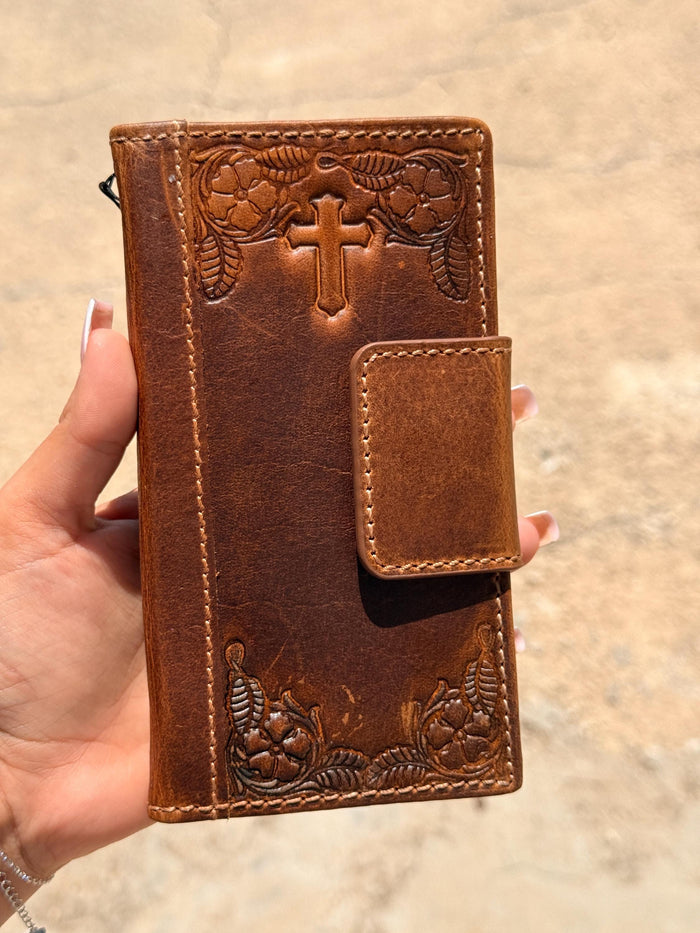 Handmade Leather Galaxy Phone Case: Jesus Cross Wallet, Wireless Charge