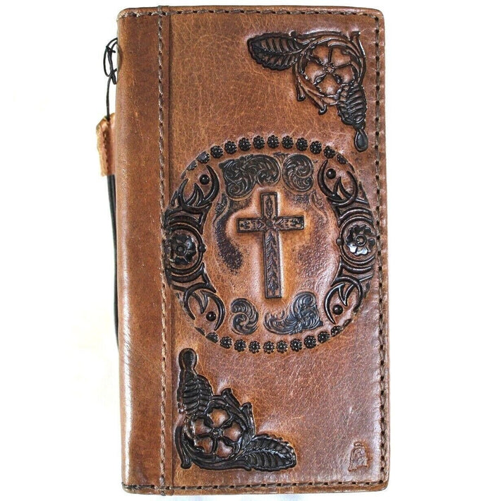 Handmade Leather Galaxy Phone Case: Jesus Cross Wallet, Wireless Charge