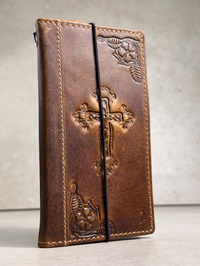 Handmade Leather Galaxy Phone Case: Jesus Cross Wallet, Wireless Charge