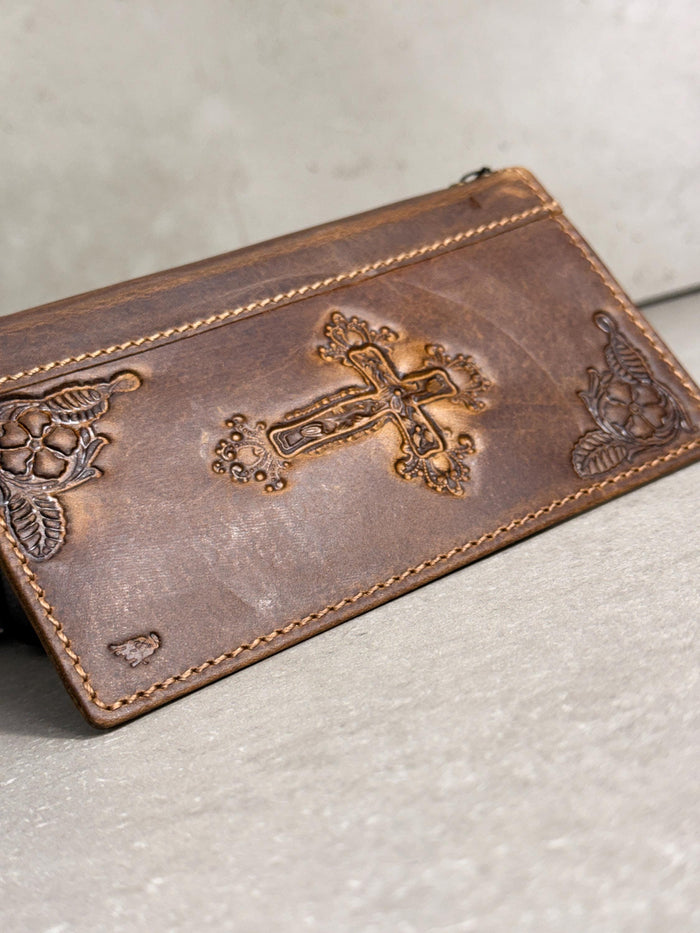 Handmade Leather Galaxy Phone Case: Jesus Cross Wallet, Wireless Charge