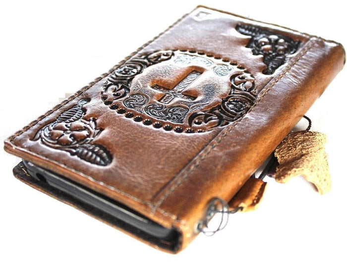 Handmade Leather Galaxy Phone Case: Jesus Cross Wallet, Wireless Charge