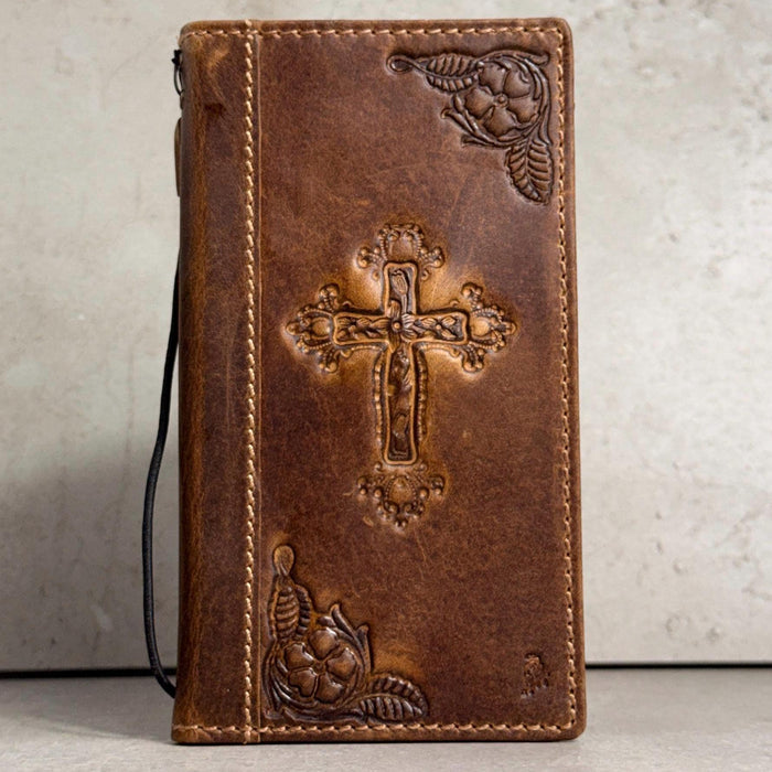 Handmade Leather Galaxy Phone Case: Jesus Cross Wallet, Wireless Charge