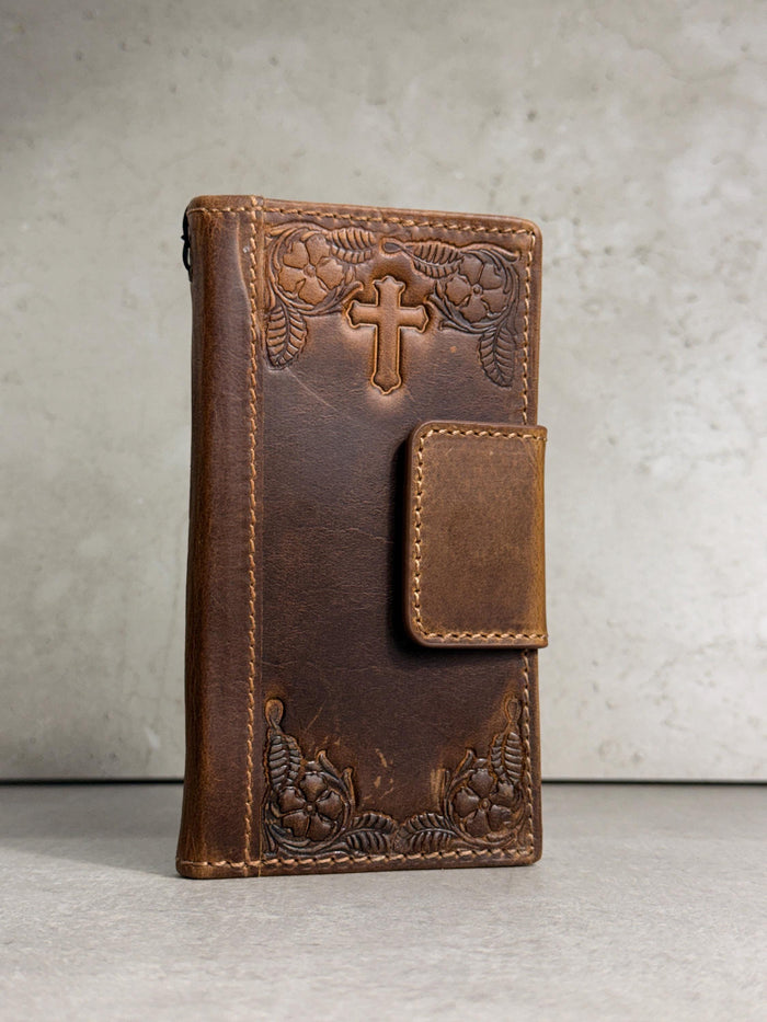 Handmade Leather Galaxy Phone Case: Jesus Cross Wallet, Wireless Charge
