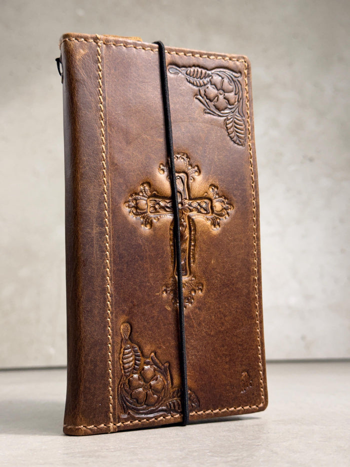 Handmade Leather Galaxy Phone Case: Jesus Cross Wallet, Wireless Charge