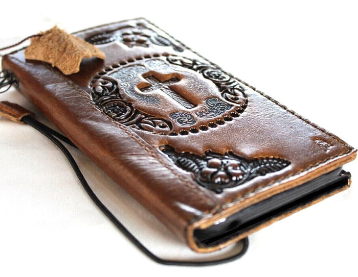 Handmade Leather Galaxy Phone Case: Jesus Cross Wallet, Wireless Charge