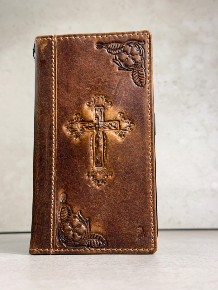 Handmade Leather Galaxy Phone Case: Jesus Cross Wallet, Wireless Charge