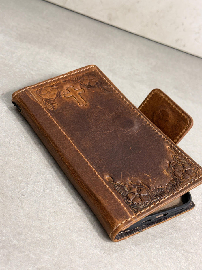 Handmade Leather Galaxy Phone Case: Jesus Cross Wallet, Wireless Charge