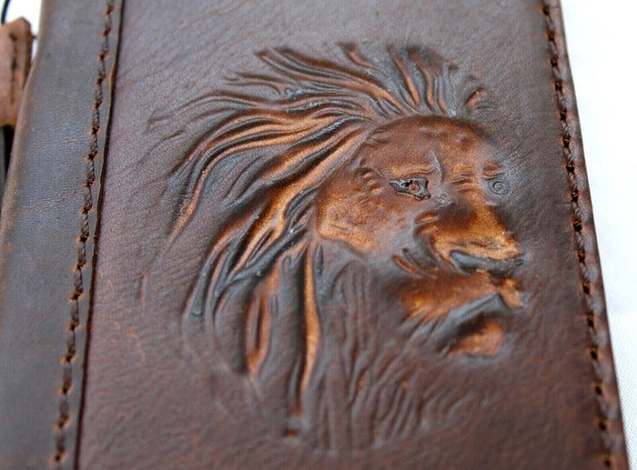 Handmade Leather Galaxy Wallet Case: Lion Art Stamping