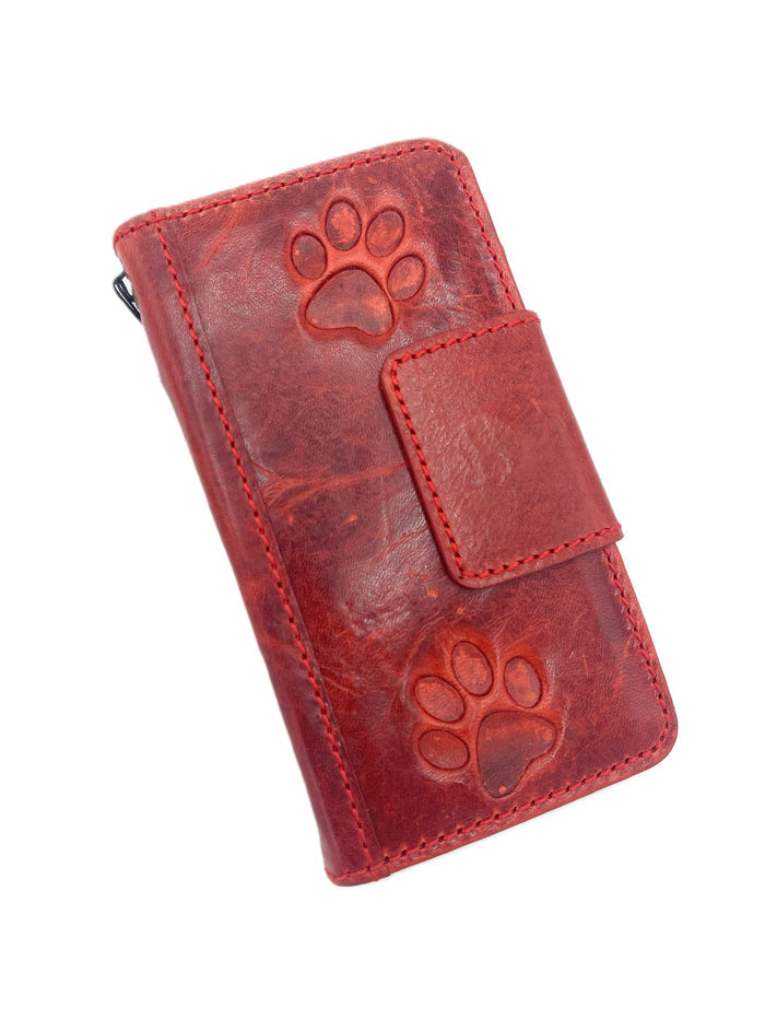 Handmade Leather Galaxy Wallet Case: Magnetic Book, Dog Cat Paw Print