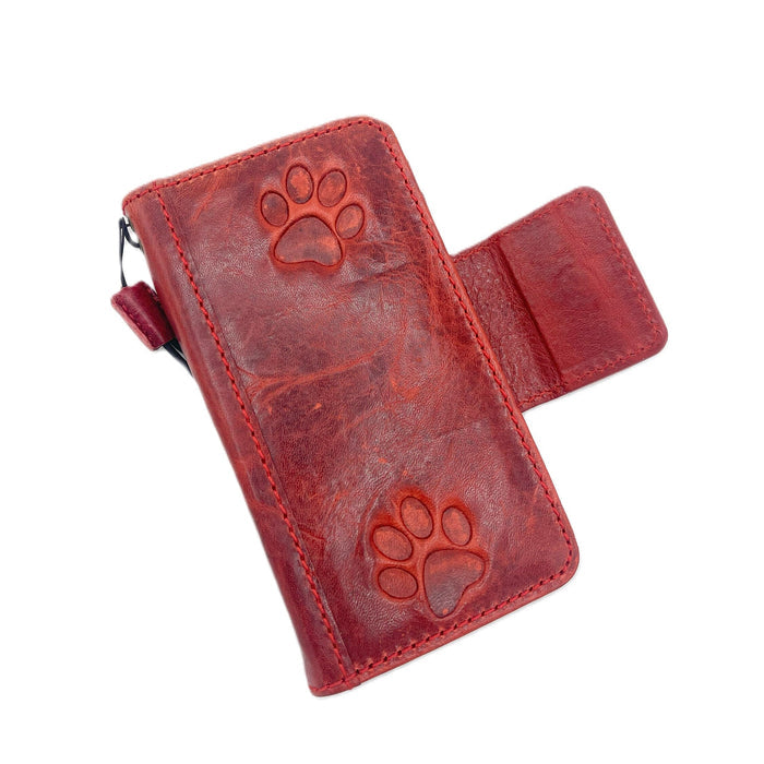 Handmade Leather Galaxy Wallet Case: Magnetic Book, Dog Cat Paw Print