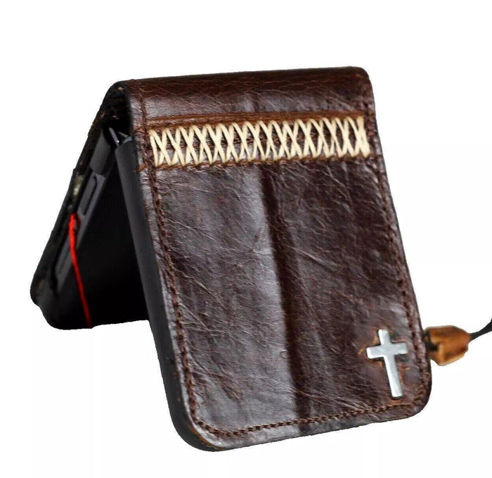 Handmade Leather Galaxy Z Flip Wallet Case: Zigzag Stitch